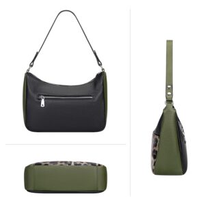 Over Earth Soft Leather Handbags for Women Crossbody Purses Multi Pockets Shoulder Bags Messenger Bag Medium(O120E Black/Dark Green/Green Leopard)