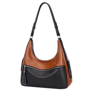 Over Earth Genuine Leather Hobo Bags for Women Medium Soft Leather Purses Casual Shoulder Bags and Handbags(O106-2E Brown/Black)