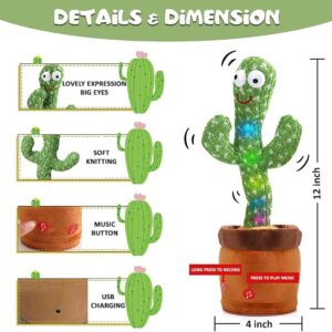 Dancing Cactus Toy Mimicking Talking Cactus Adjustable Volume Singing Cactus Embroidery Buttons Repeating What You Say with Wriggle Lighting, Recording Cactus Soft Plush Baby Toy Funny Toy FG__