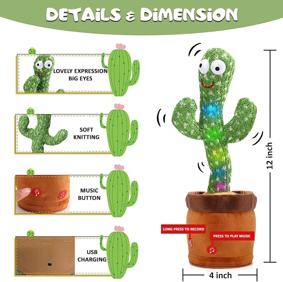 Dancing Cactus Toy Mimicking Talking Cactus Adjustable Volume Singing Cactus Embroidery Buttons Repeating What You Say with Wriggle Lighting, Recording Cactus Soft Plush Baby Toy Funny Toy FG__