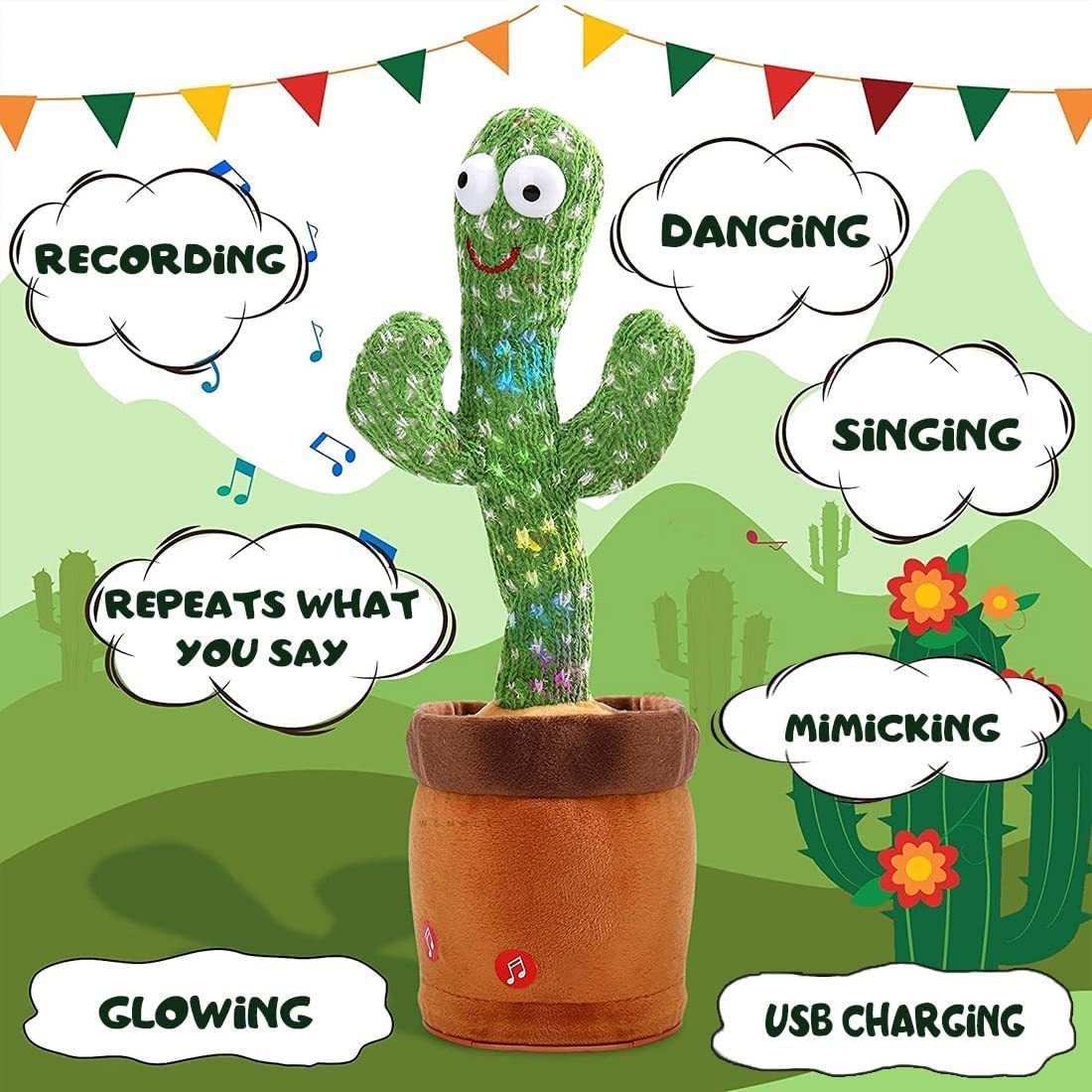 Dancing Cactus Toy Mimicking Talking Cactus Adjustable Volume Singing Cactus Embroidery Buttons Repeating What You Say with Wriggle Lighting, Recording Cactus Soft Plush Baby Toy Funny Toy FG__