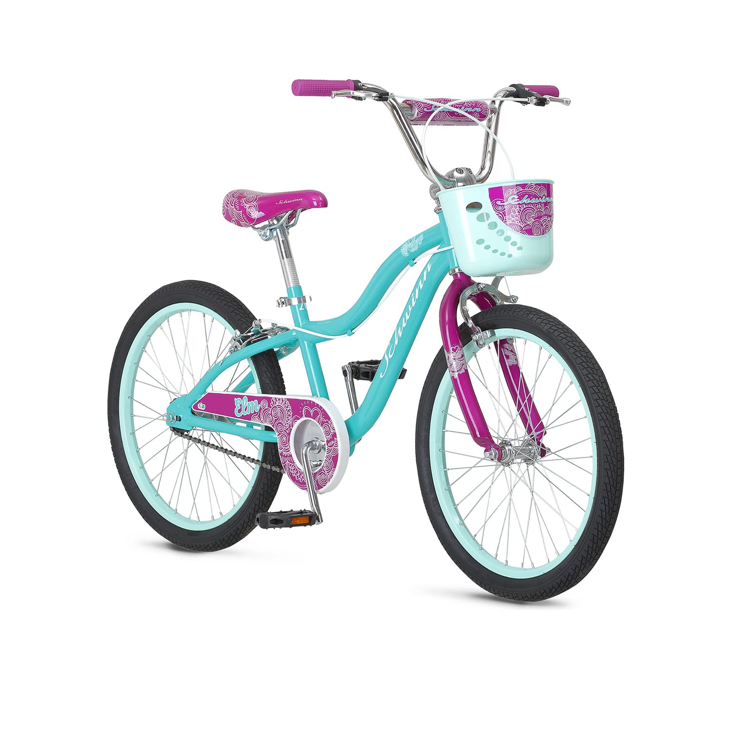 Schwinn Koen & Elm BMX Style Kids Bike with Basket & Kickstand, 20-Inch Wheels, For Ages 7-13, Includes Stars & Flowers Alloy Training Wheels