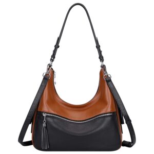 Over Earth Genuine Leather Hobo Bags for Women Medium Soft Leather Purses Casual Shoulder Bags and Handbags(O106-2E Brown/Black)