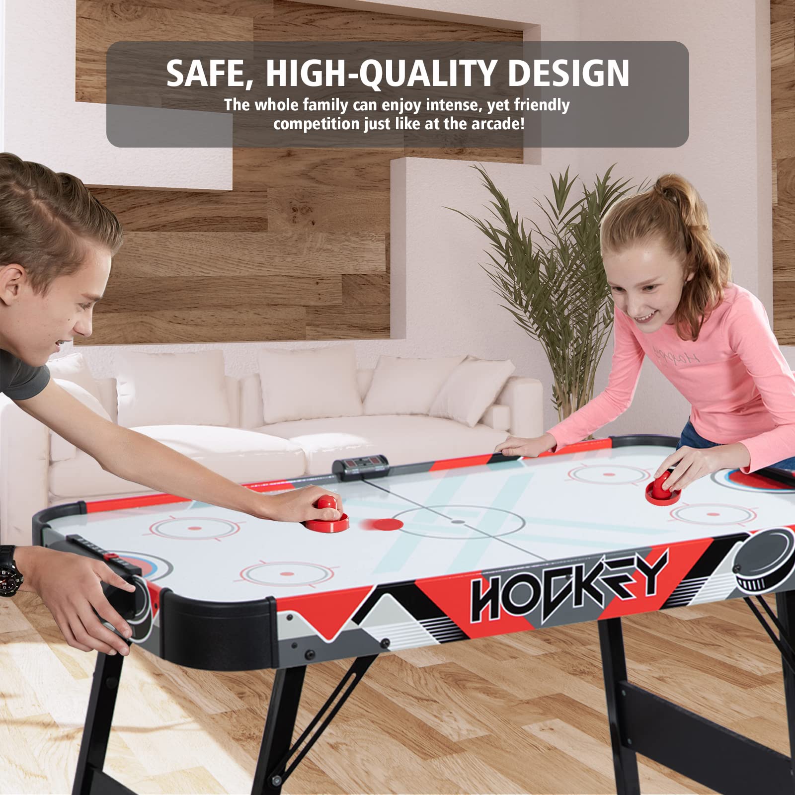 RayChee Foldable Powered Air Hockey Table, 48” Indoor Hockey Table Sports Gaming Set w/2 Pucks, 2 Pushers, LED Scoreboard, Powerful Fan Motor for Adults and Kids, Home Game Room (Red)