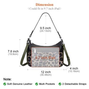 Over Earth Soft Leather Handbags for Women Crossbody Purses Multi Pockets Shoulder Bags Messenger Bag Medium(O120E Black/Dark Green/Green Leopard)