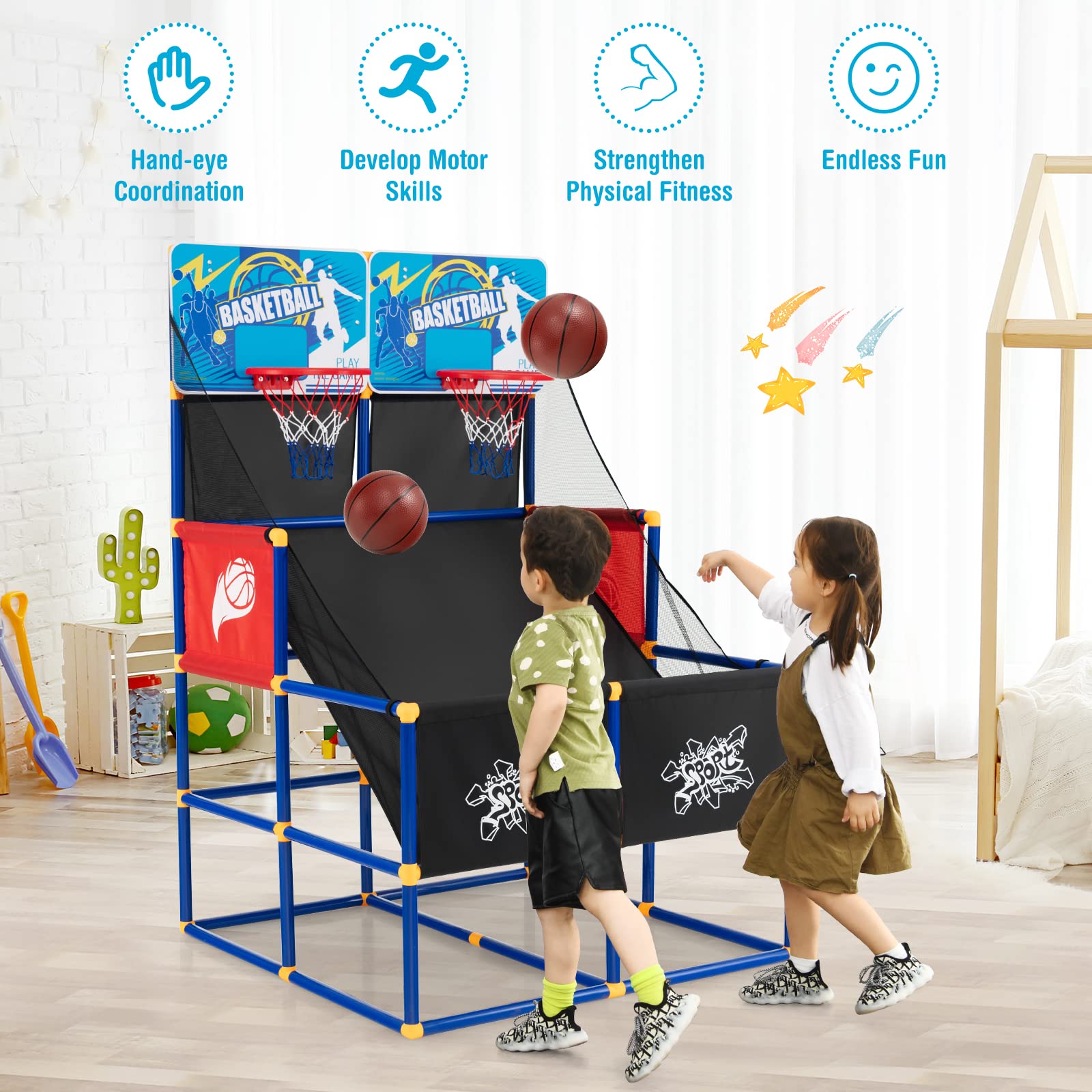 Goplus Kids Basketball Arcade Game, Dual Shot Basketball Game for 2 Players with 4 Balls & Inflation Pump, Indoor Outdoor Sport Play Birthday Gift Basketball Toy Set for Toddlers Children Teens Youth