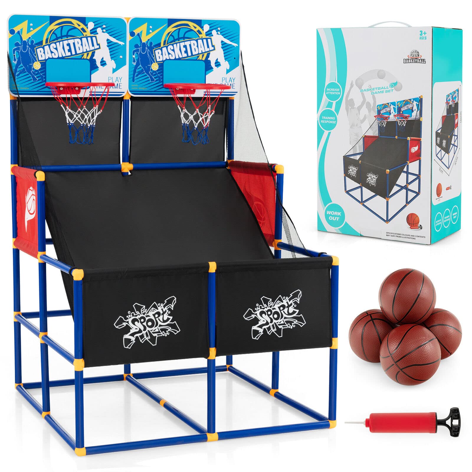 Goplus Kids Basketball Arcade Game, Dual Shot Basketball Game for 2 Players with 4 Balls & Inflation Pump, Indoor Outdoor Sport Play Birthday Gift Basketball Toy Set for Toddlers Children Teens Youth