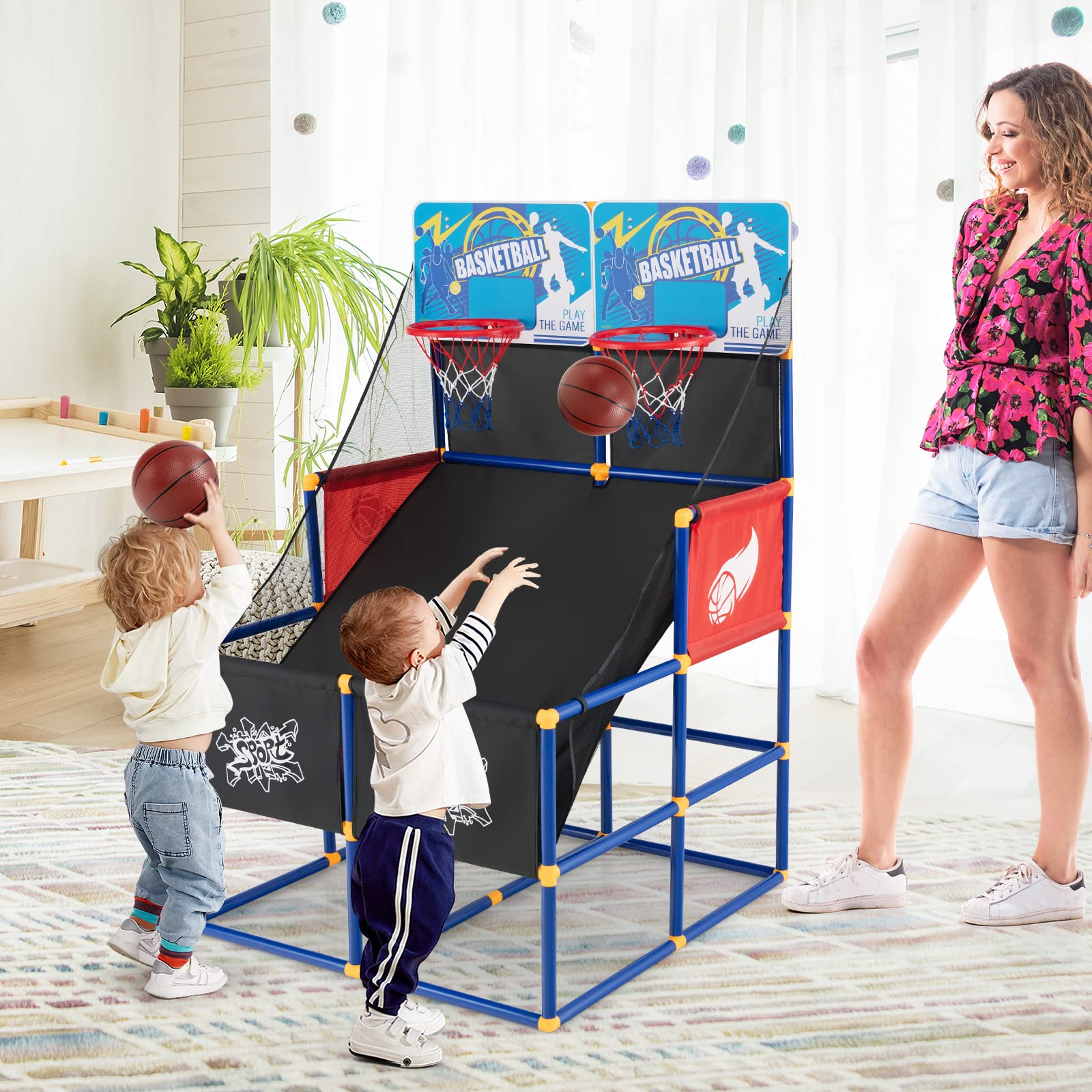 Goplus Kids Basketball Arcade Game, Dual Shot Basketball Game for 2 Players with 4 Balls & Inflation Pump, Indoor Outdoor Sport Play Birthday Gift Basketball Toy Set for Toddlers Children Teens Youth