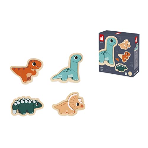 Janod 4 FSC Wood Dinosaur Progressive Puzzles-2 to 5 Pieces-Children’s Toys-Educational Games-Early-Years Toys-18 Months +, J05824, Multicolor