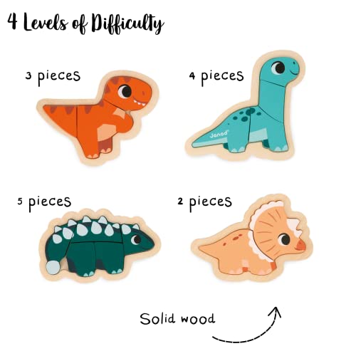 Janod 4 FSC Wood Dinosaur Progressive Puzzles-2 to 5 Pieces-Children’s Toys-Educational Games-Early-Years Toys-18 Months +, J05824, Multicolor