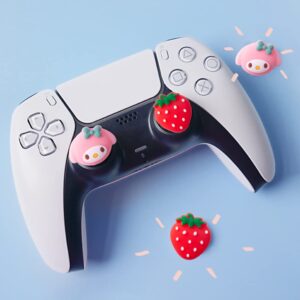 PERFECTSIGHT Cute Thumb Grip Caps for PlayStation 4/5, PS5, PS4, Xbox Series X/S, Xbox One, Switch PRO Controller, 4PCS Kawaii Soft Skin Rubber 3D Analog Thumbsticks Grips Joystick Cover, Strawberry