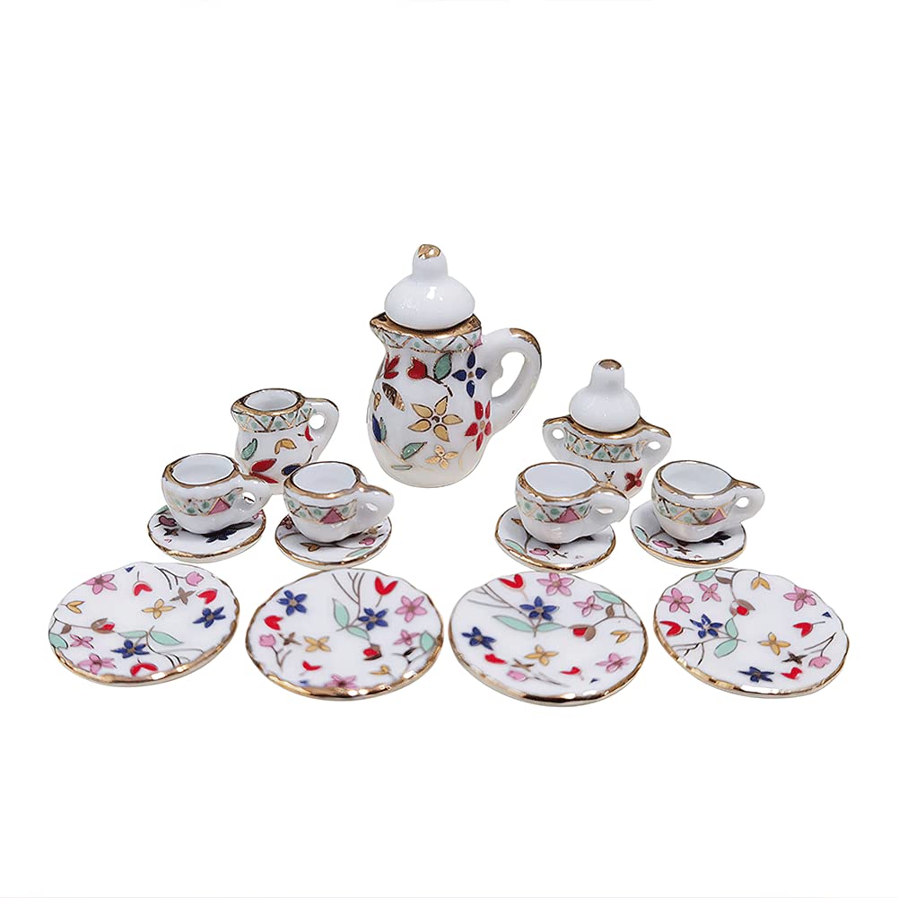 15 Pack Miniature Ceramic Doll Tea Set Dollhouse Tea Cup Set Decoration Accessories for Scale 1:12 Dollhouse Craft (Flowers)