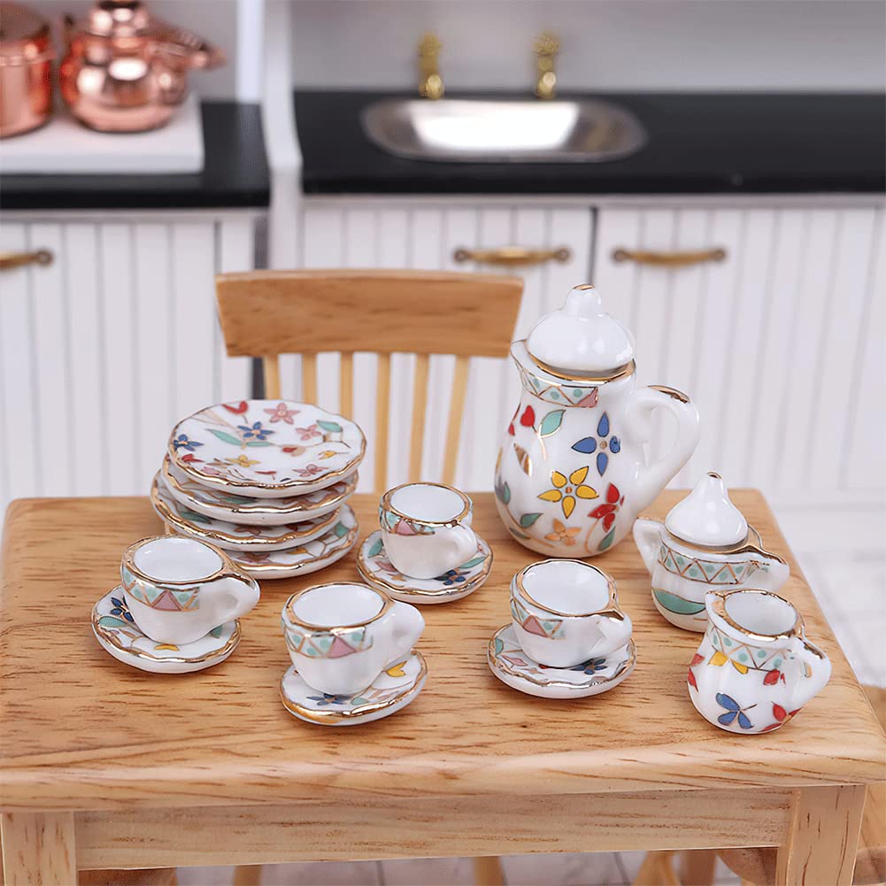 15 Pack Miniature Ceramic Doll Tea Set Dollhouse Tea Cup Set Decoration Accessories for Scale 1:12 Dollhouse Craft (Flowers)