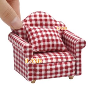 iLAND Dollhouse Furniture on 1/12 Scale for Dollhouse Living Room incl Sofa w/Pillow & End Table & Rug (Red White Gingham Armchairs Set)