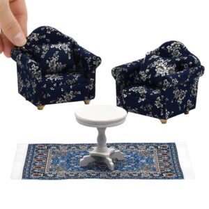 iland dollhouse furniture on 1/12 scale for dollhouse living room incl sofa w/pillow & end table & rug (blue white floral armchairs set)