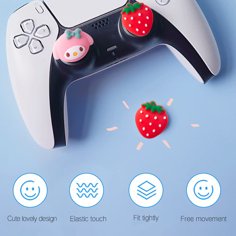 PERFECTSIGHT Cute Thumb Grip Caps for PlayStation 4/5, PS5, PS4, Xbox Series X/S, Xbox One, Switch PRO Controller, 4PCS Kawaii Soft Skin Rubber 3D Analog Thumbsticks Grips Joystick Cover, Strawberry