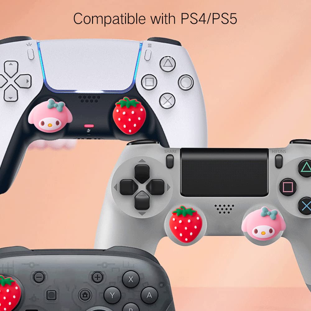 PERFECTSIGHT Cute Thumb Grip Caps for PlayStation 4/5, PS5, PS4, Xbox Series X/S, Xbox One, Switch PRO Controller, 4PCS Kawaii Soft Skin Rubber 3D Analog Thumbsticks Grips Joystick Cover, Strawberry