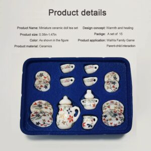 15 Pack Miniature Ceramic Doll Tea Set Dollhouse Tea Cup Set Decoration Accessories for Scale 1:12 Dollhouse Craft (Flowers)