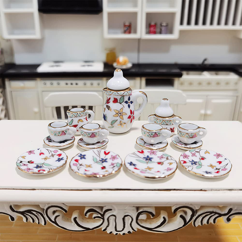 15 Pack Miniature Ceramic Doll Tea Set Dollhouse Tea Cup Set Decoration Accessories for Scale 1:12 Dollhouse Craft (Flowers)