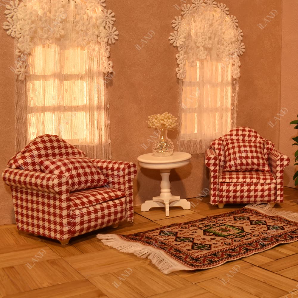 iLAND Dollhouse Furniture on 1/12 Scale for Dollhouse Living Room incl Sofa w/Pillow & End Table & Rug (Red White Gingham Armchairs Set)