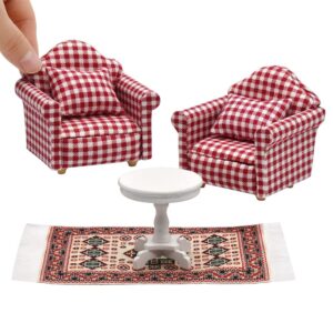 iland dollhouse furniture on 1/12 scale for dollhouse living room incl sofa w/pillow & end table & rug (red white gingham armchairs set)