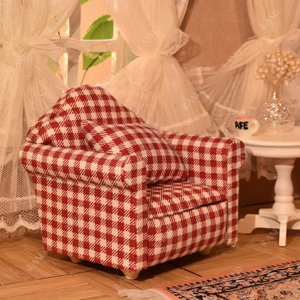 iLAND Dollhouse Furniture on 1/12 Scale for Dollhouse Living Room incl Sofa w/Pillow & End Table & Rug (Red White Gingham Armchairs Set)