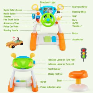 Costzon Steering Wheel Toy, Pretend Play Driving Simulated Toy w/Light and Music, Cyclic Rotary Scene, Siren Sounds, Walkie-Talkie, Stool, Interactive Learning Educational Toy for Toddler Boys Girls