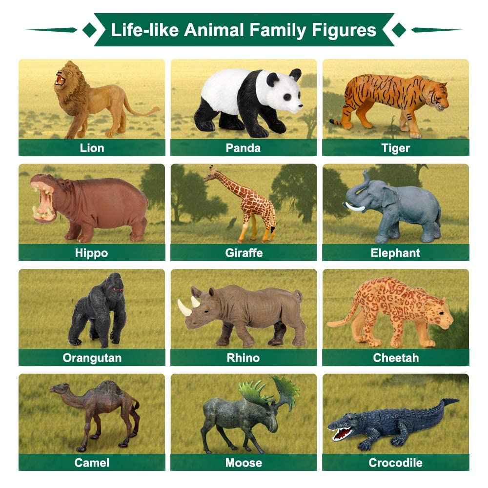 Safari Animal Toys Figures, 12 PCS Realistic Jumbo Wild Jungle Animals Figurines, Large African Zoo Animal Playset with Lion,Elephant,Giraffe, Plastic Animal Learning Toys for Kids Toddlers Boys