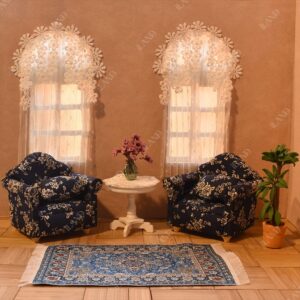 iLAND Dollhouse Furniture on 1/12 Scale for Dollhouse Living Room incl Sofa w/Pillow & End Table & Rug (Blue White Floral Armchairs Set)