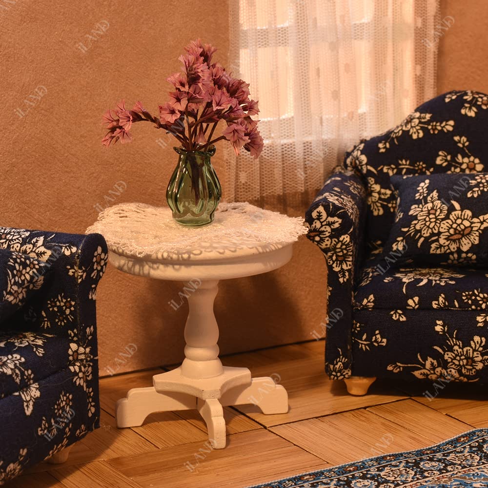 iLAND Dollhouse Furniture on 1/12 Scale for Dollhouse Living Room incl Sofa w/Pillow & End Table & Rug (Blue White Floral Armchairs Set)