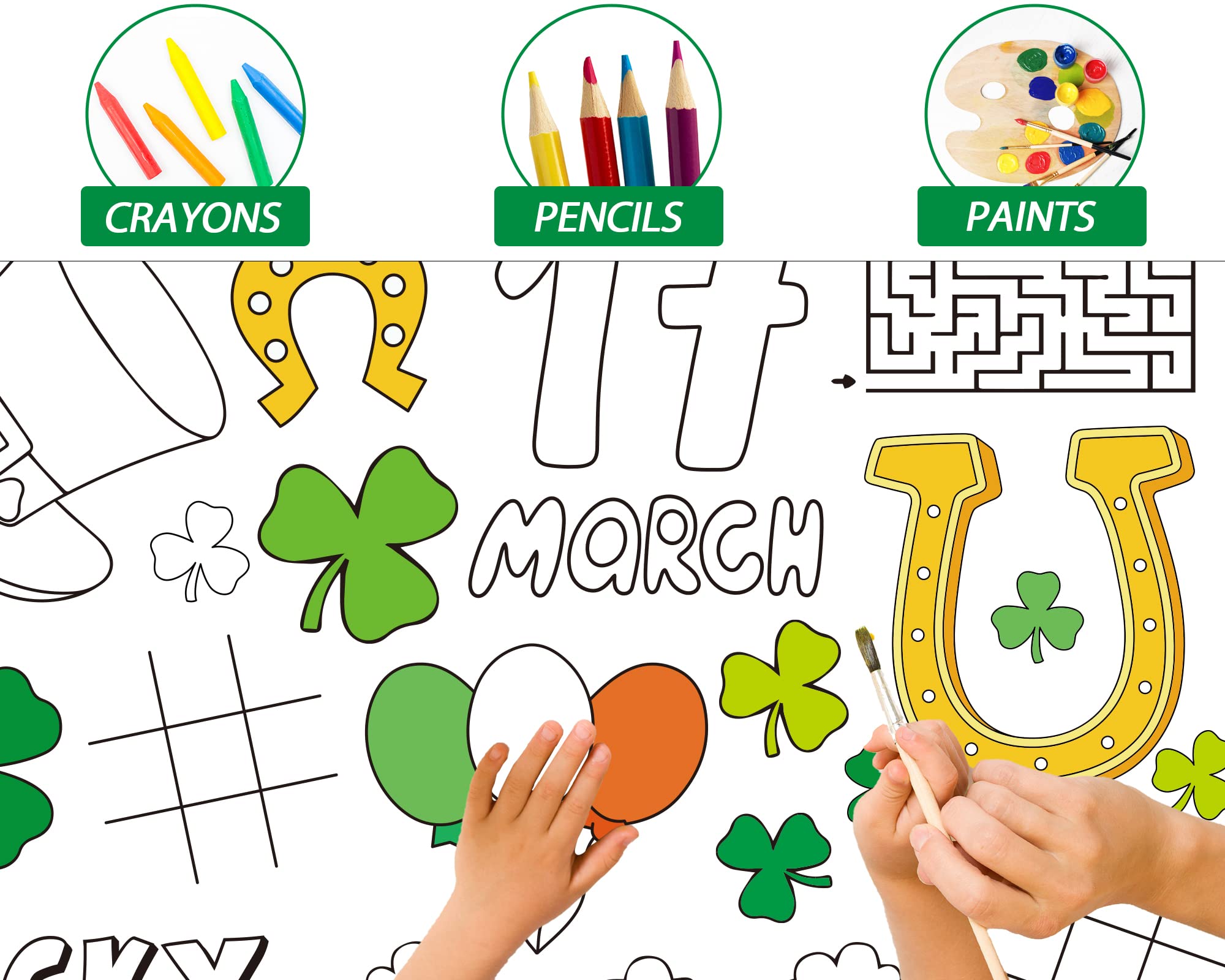 Wiooffen 47"x 82" St. Patrick's Day Giant Coloring Tablecloth Posters Activity for Kids, Huge Holiday Color-in Paper Poster Table Cover Arts and Crafts for Kids Preschool Kindergarten Classroom