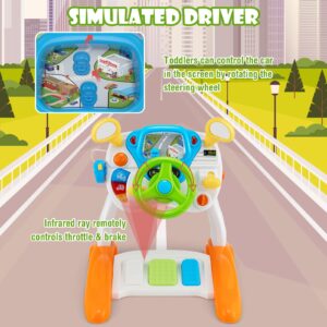 Costzon Steering Wheel Toy, Pretend Play Driving Simulated Toy w/Light and Music, Cyclic Rotary Scene, Siren Sounds, Walkie-Talkie, Stool, Interactive Learning Educational Toy for Toddler Boys Girls