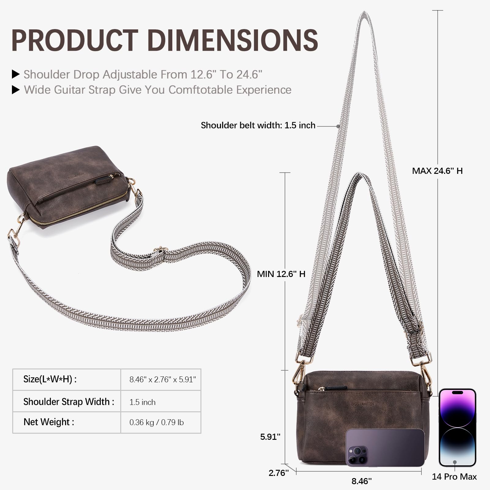 BOSTANTEN Small Vegan Leather Crossbody Purse for Women with Adjustable Shoulder Strap