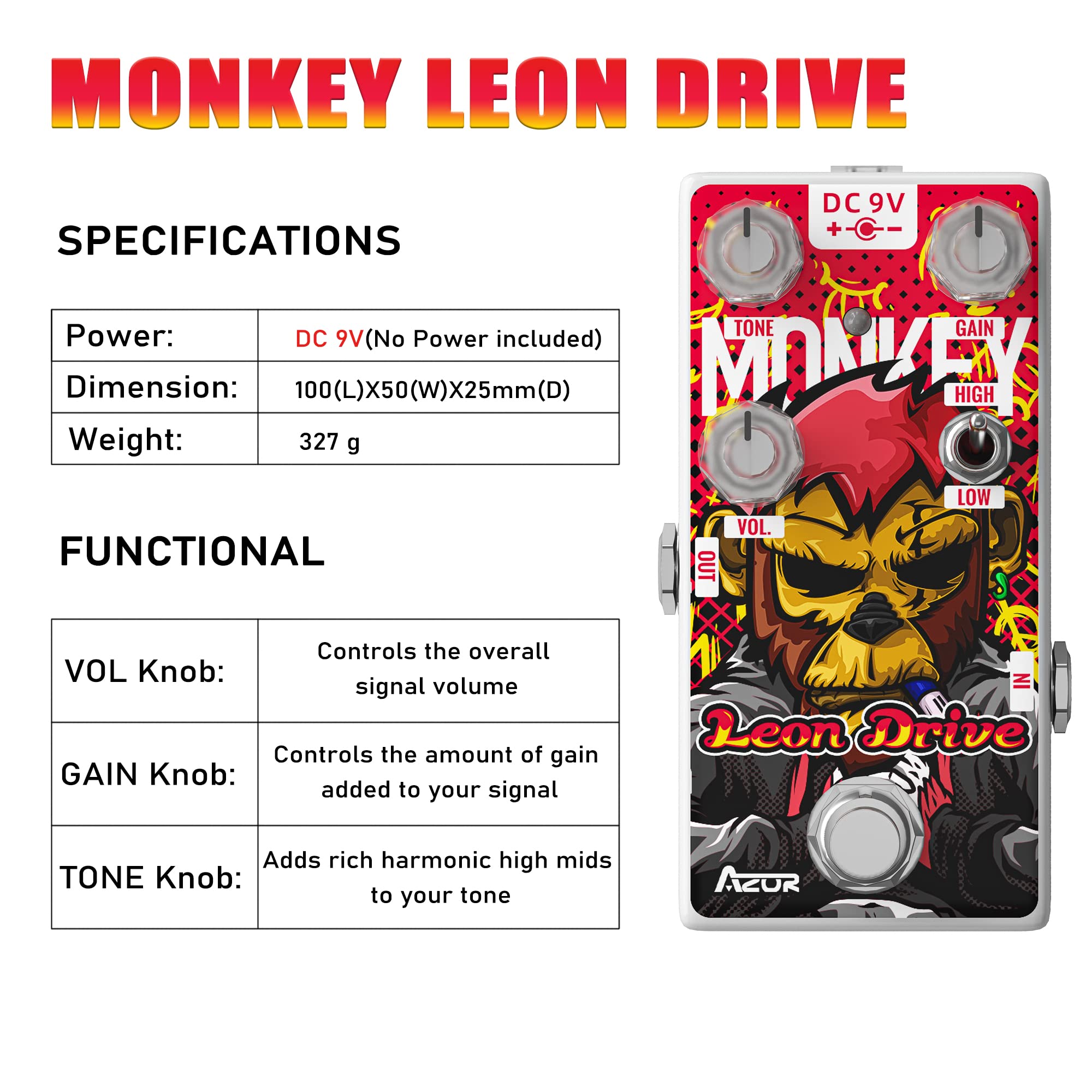 AZOR Leon Dirve Guitar Pedal Monkey Overdrive Analog Effect Pedal for Electric Guitar Bass True Bypass AP503