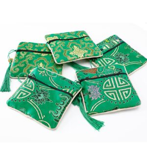 Onukaly 5PCS Jewelry Silk Purse Pouch, Chinese Silk Style Zipper Brocade Embroidered Bag for Women Coin Wallet (Green)