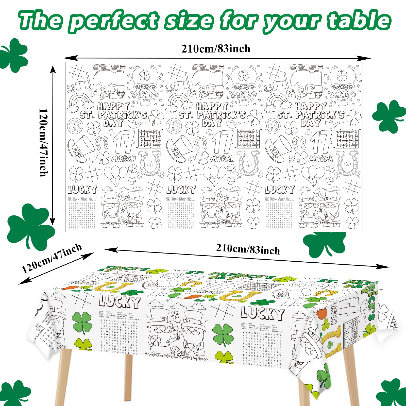 Wiooffen 47"x 82" St. Patrick's Day Giant Coloring Tablecloth Posters Activity for Kids, Huge Holiday Color-in Paper Poster Table Cover Arts and Crafts for Kids Preschool Kindergarten Classroom