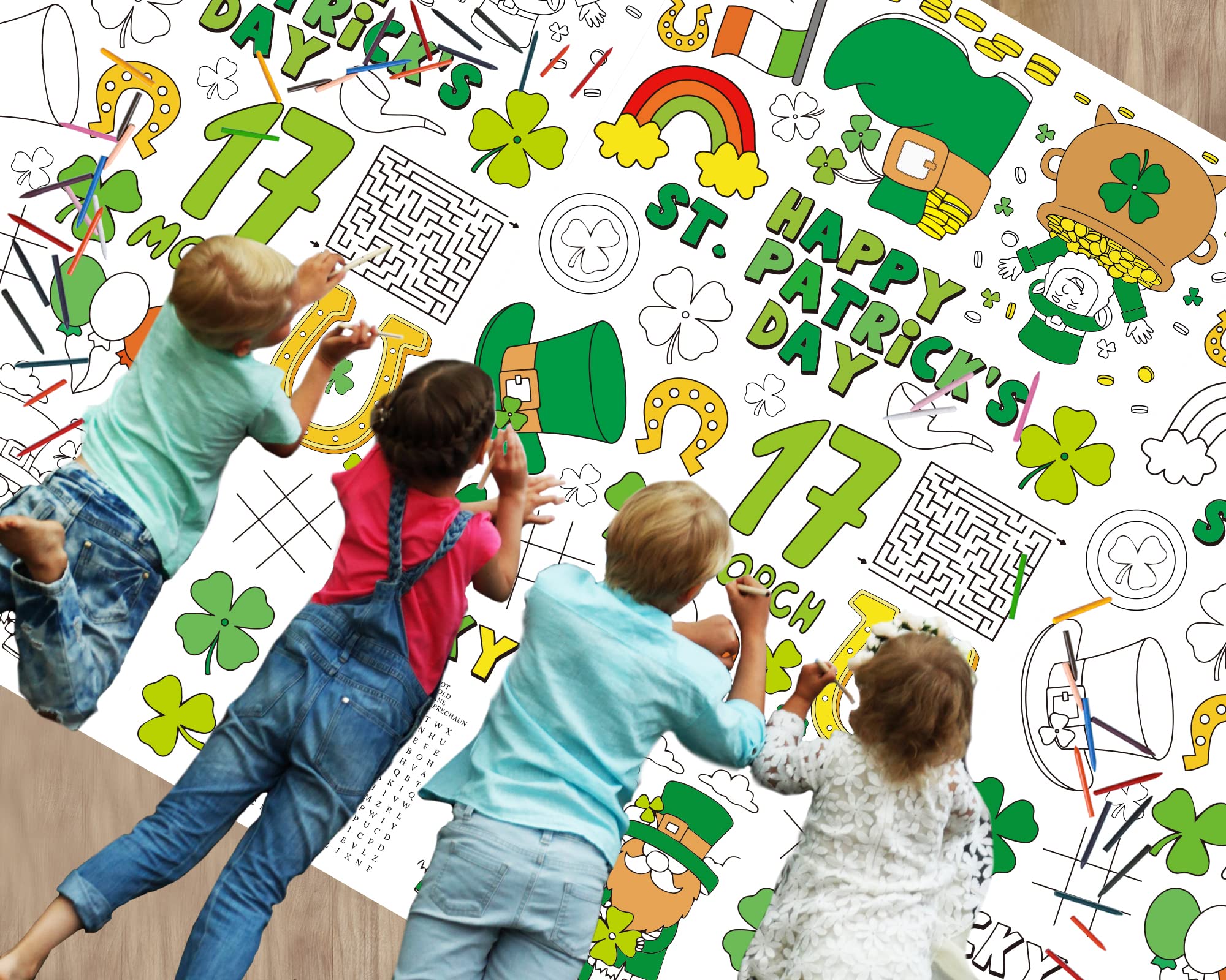 Wiooffen 47"x 82" St. Patrick's Day Giant Coloring Tablecloth Posters Activity for Kids, Huge Holiday Color-in Paper Poster Table Cover Arts and Crafts for Kids Preschool Kindergarten Classroom