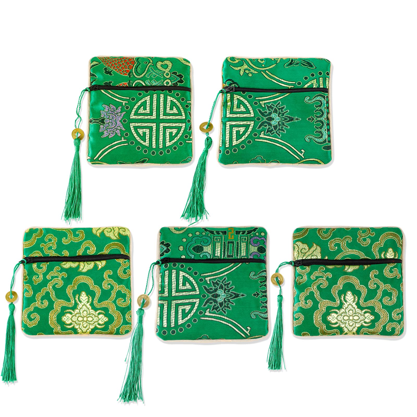 Onukaly 5PCS Jewelry Silk Purse Pouch, Chinese Silk Style Zipper Brocade Embroidered Bag for Women Coin Wallet (Green)