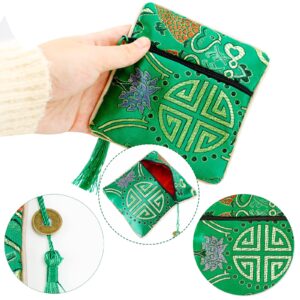 Onukaly 5PCS Jewelry Silk Purse Pouch, Chinese Silk Style Zipper Brocade Embroidered Bag for Women Coin Wallet (Green)