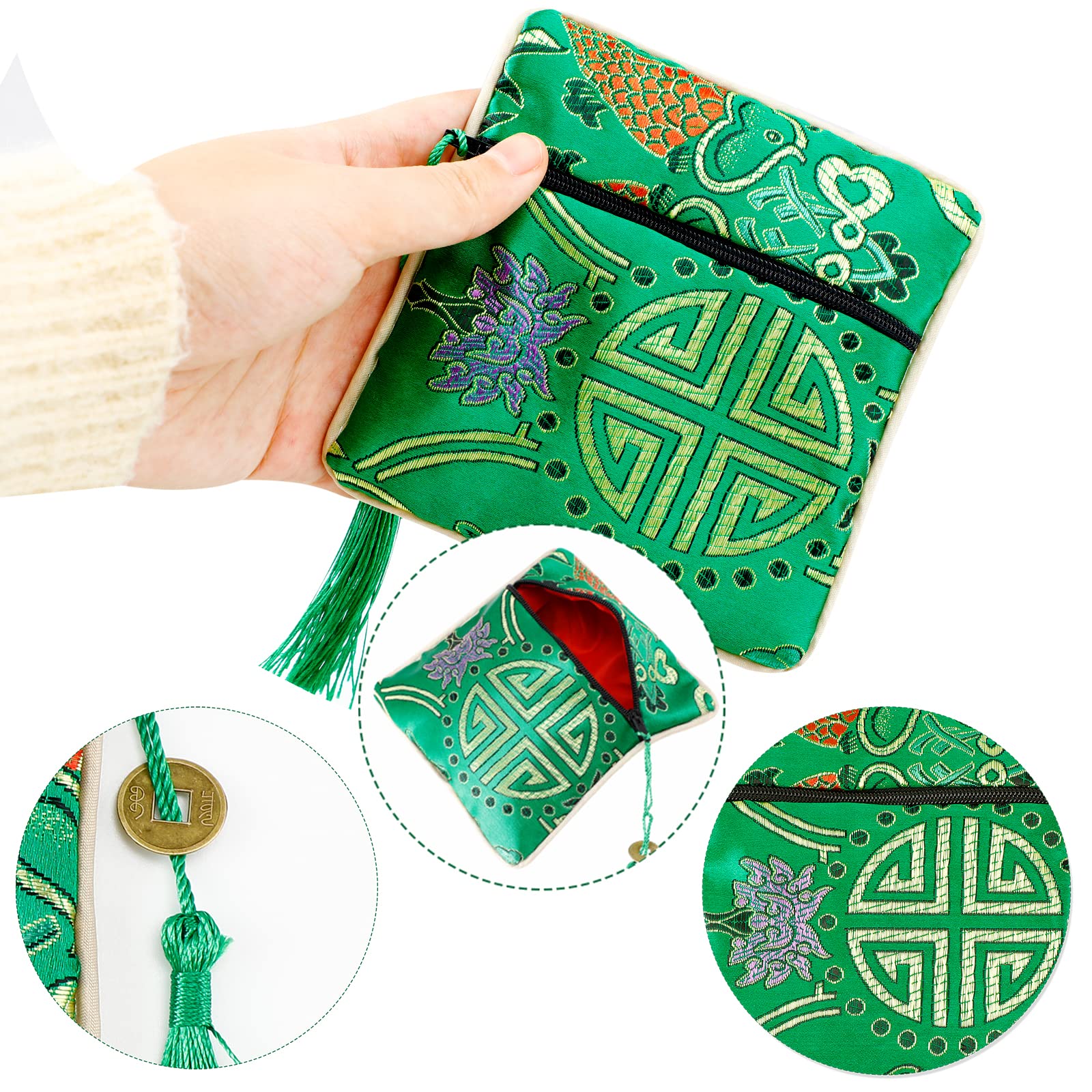 Onukaly 5PCS Jewelry Silk Purse Pouch, Chinese Silk Style Zipper Brocade Embroidered Bag for Women Coin Wallet (Green)