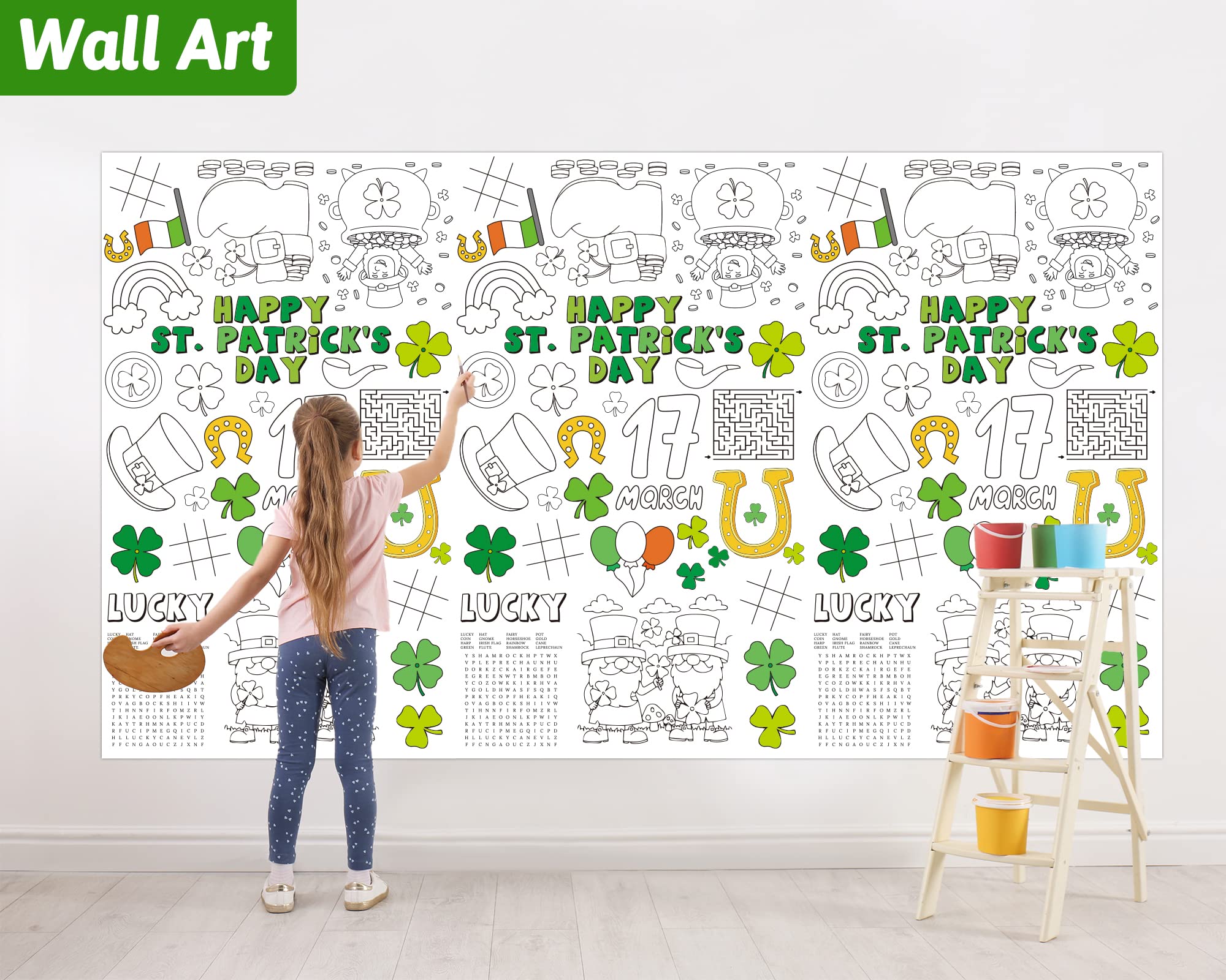 Wiooffen 47"x 82" St. Patrick's Day Giant Coloring Tablecloth Posters Activity for Kids, Huge Holiday Color-in Paper Poster Table Cover Arts and Crafts for Kids Preschool Kindergarten Classroom