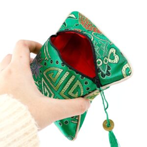 Onukaly 5PCS Jewelry Silk Purse Pouch, Chinese Silk Style Zipper Brocade Embroidered Bag for Women Coin Wallet (Green)