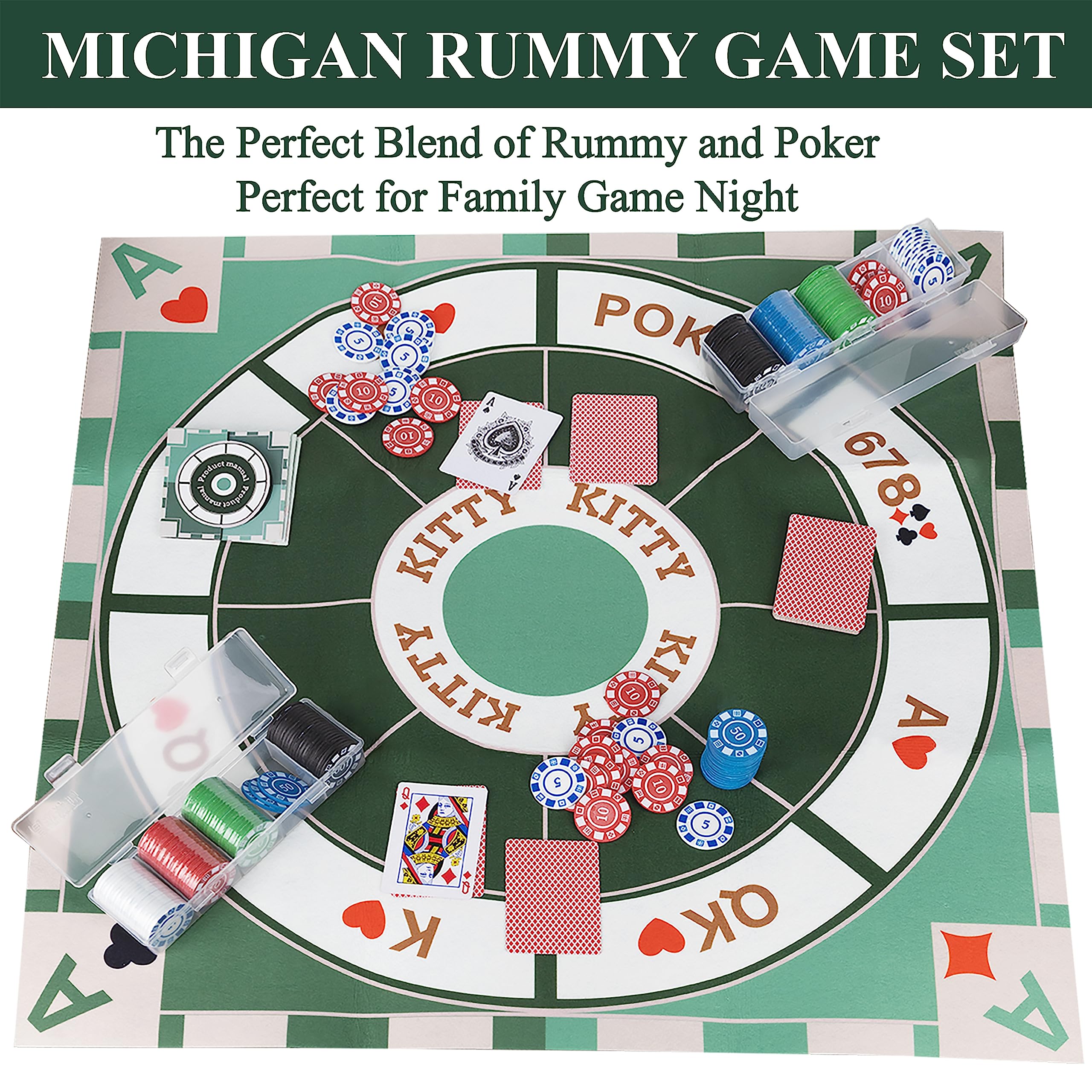 Michigan Rummy Deluxe Board Game Set : Felt Game Mat + 2 Boxes of Playing Chips (200 Pieces) + 1 Deck of Poker + 1 Game Manual. The Perfect Blend of Rummy and Poker, Perfect for Family Game Night