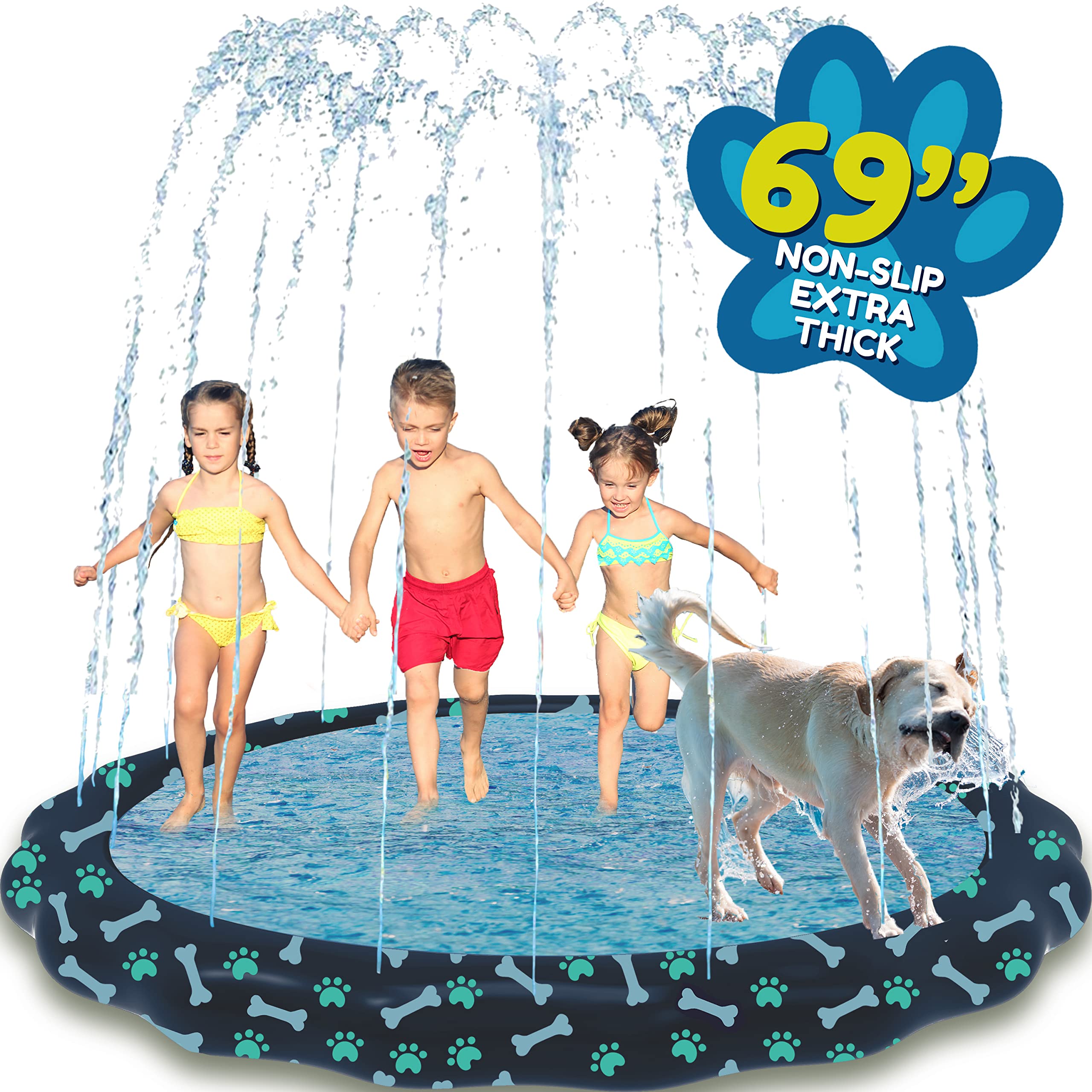 SplashEZ Non Slip Splash Pad for Kids and Dogs, 69’’ Extra Large Sprinkler Kids, Dog Water Summer Toys – Great Outdoor toys toddlers 1-3 ages 4-8 | Wading Pool Backyard