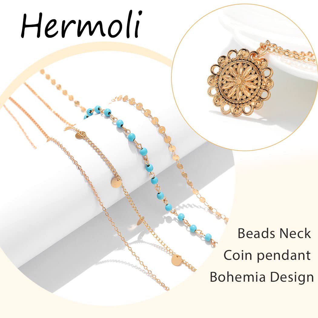 Hermoli Boho Choker Women Necklace Gold Turquoise Coin Pendant Layered Necklaces Chain Glitter Bohemia Sequin Tassel Necks Jewelry for Women