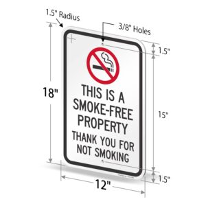 SmartSign 18 x 12 inch “This Is A Smoke-Free Property, Thank You For Not Smoking” Metal Sign, 63 mil Laminated Rustproof Aluminum, Red, Black and White, Made in USA