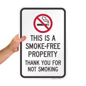 SmartSign 18 x 12 inch “This Is A Smoke-Free Property, Thank You For Not Smoking” Metal Sign, 63 mil Laminated Rustproof Aluminum, Red, Black and White, Made in USA