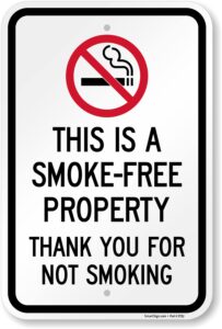 smartsign 18 x 12 inch “this is a smoke-free property, thank you for not smoking” metal sign, 63 mil laminated rustproof aluminum, red, black and white, made in usa