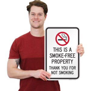 SmartSign 18 x 12 inch “This Is A Smoke-Free Property, Thank You For Not Smoking” Metal Sign, 63 mil Laminated Rustproof Aluminum, Red, Black and White, Made in USA