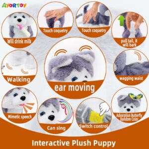 AYORTOY Plush Interactive Children's Toy Husky Dog with Control Leash Toy Dog can Walk and bark, Repeat What You say, Ear Movement, Singing, Electronic Realistic Dog Filling Animal, 11.4 inches